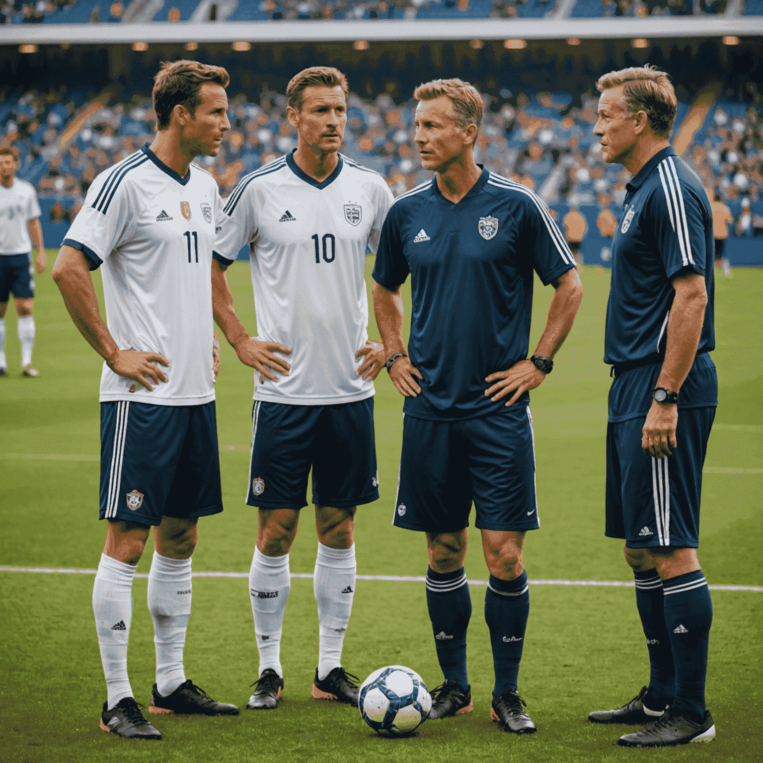Futbol sahası kenarında taktik konuşan antrenörler ve oyuncular