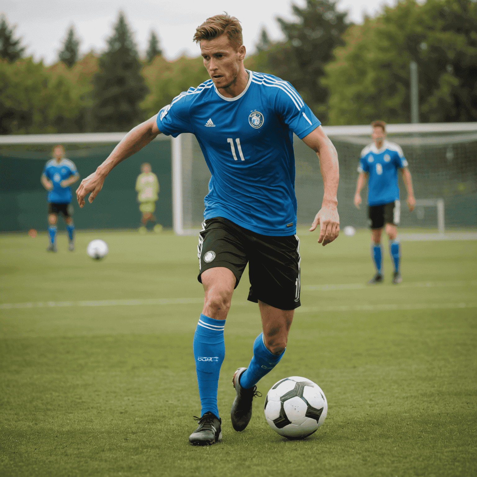 Bir futbolcu top kontrolü egzersizi yaparken. Arka planda bir futbol sahası görünüyor. Futbolcu topu havada tutmaya çalışıyor.