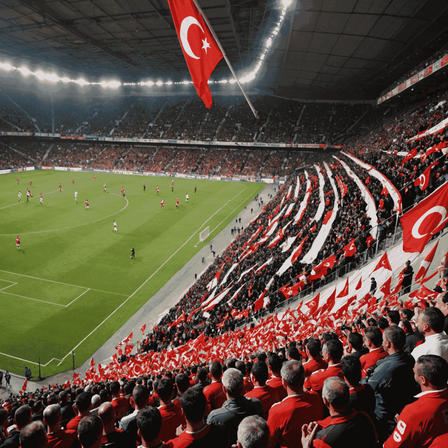 Türk Süper Ligi stadyumunda heyecan verici bir maç anı, tribünler kırmızı-beyaz bayraklarla dolu