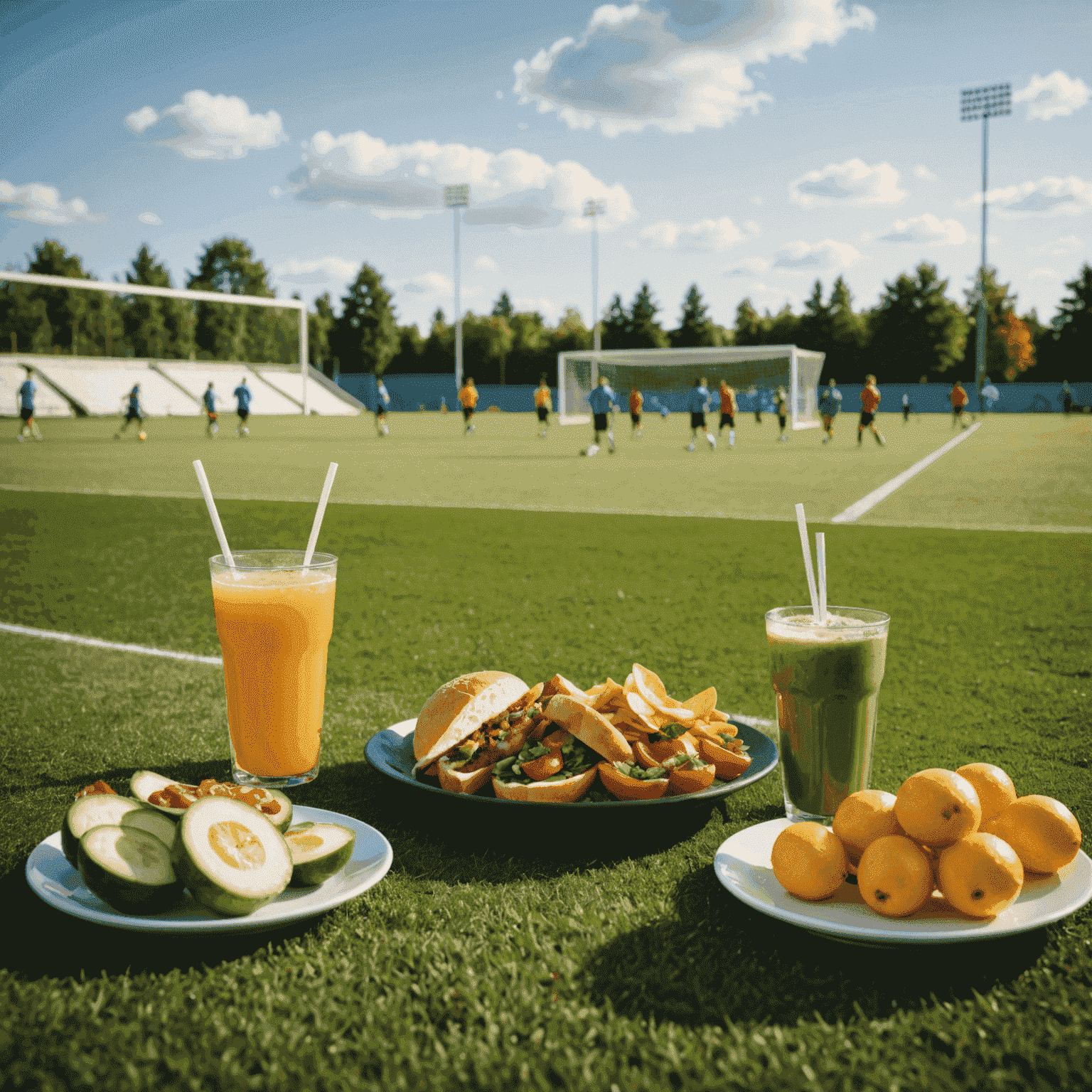 Futbol sahası kenarında sağlıklı yiyecekler ve içecekler. Arka planda futbolcular antrenman yapıyor.