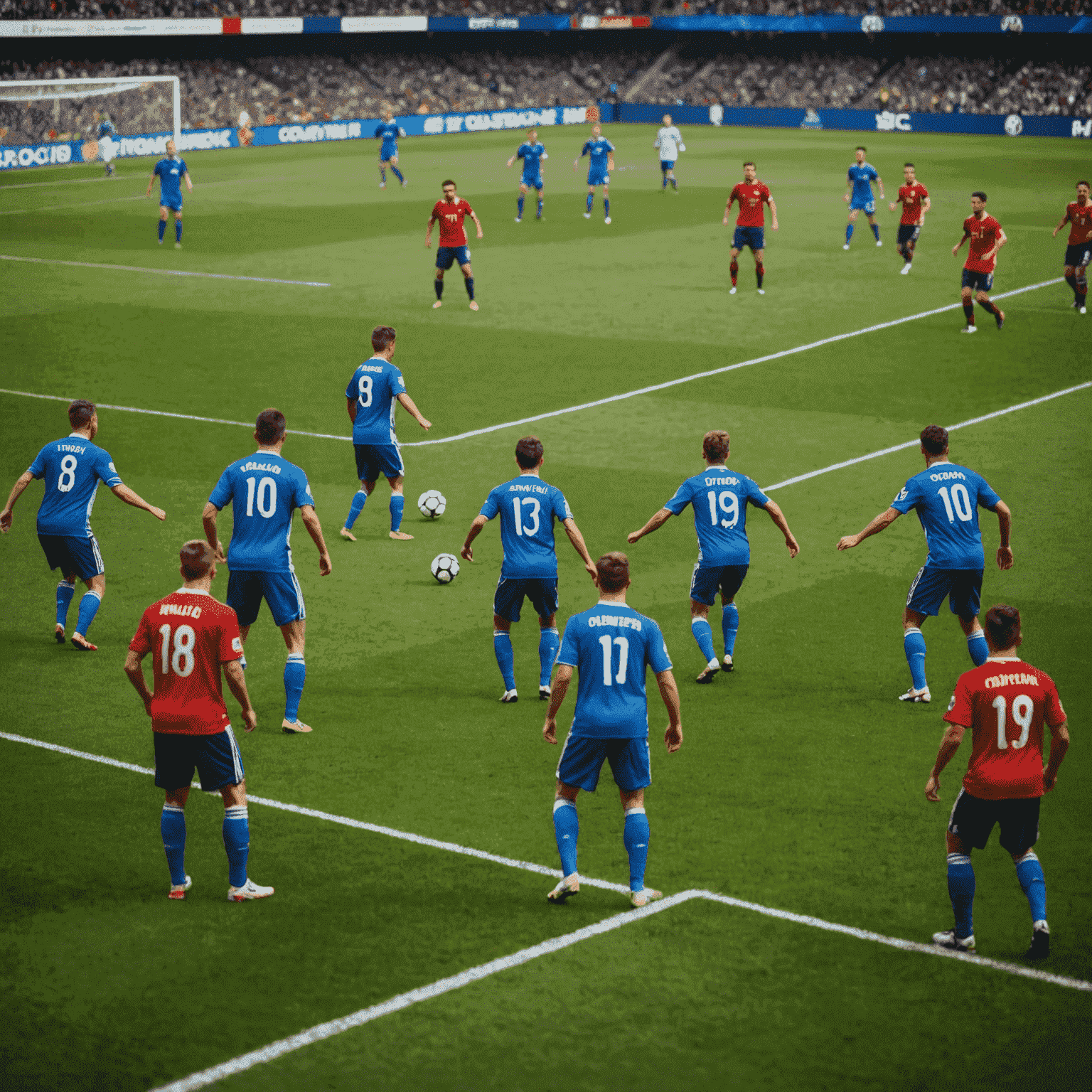 Üst düzey bir futbol maçında savunma oyuncuları, rakip takımın hücumunu engellemek için taktiksel bir formasyonda dizilmiş. Arka planda kalabalık bir stadyum görünüyor.