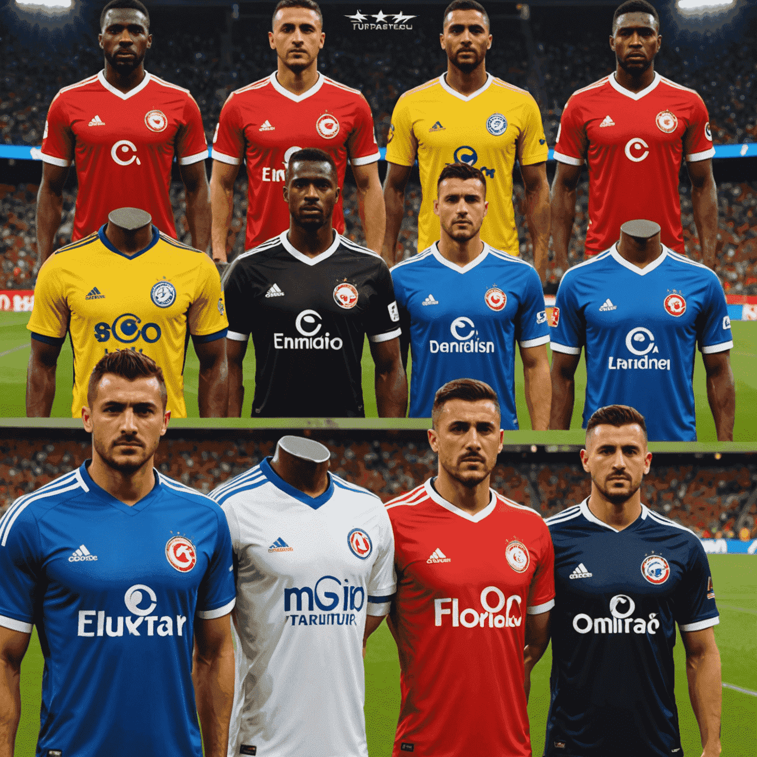 Türk Süper Lig'in logosu ve birkaç popüler takımın formaları. Arka planda bir stadyum görüntüsü var.