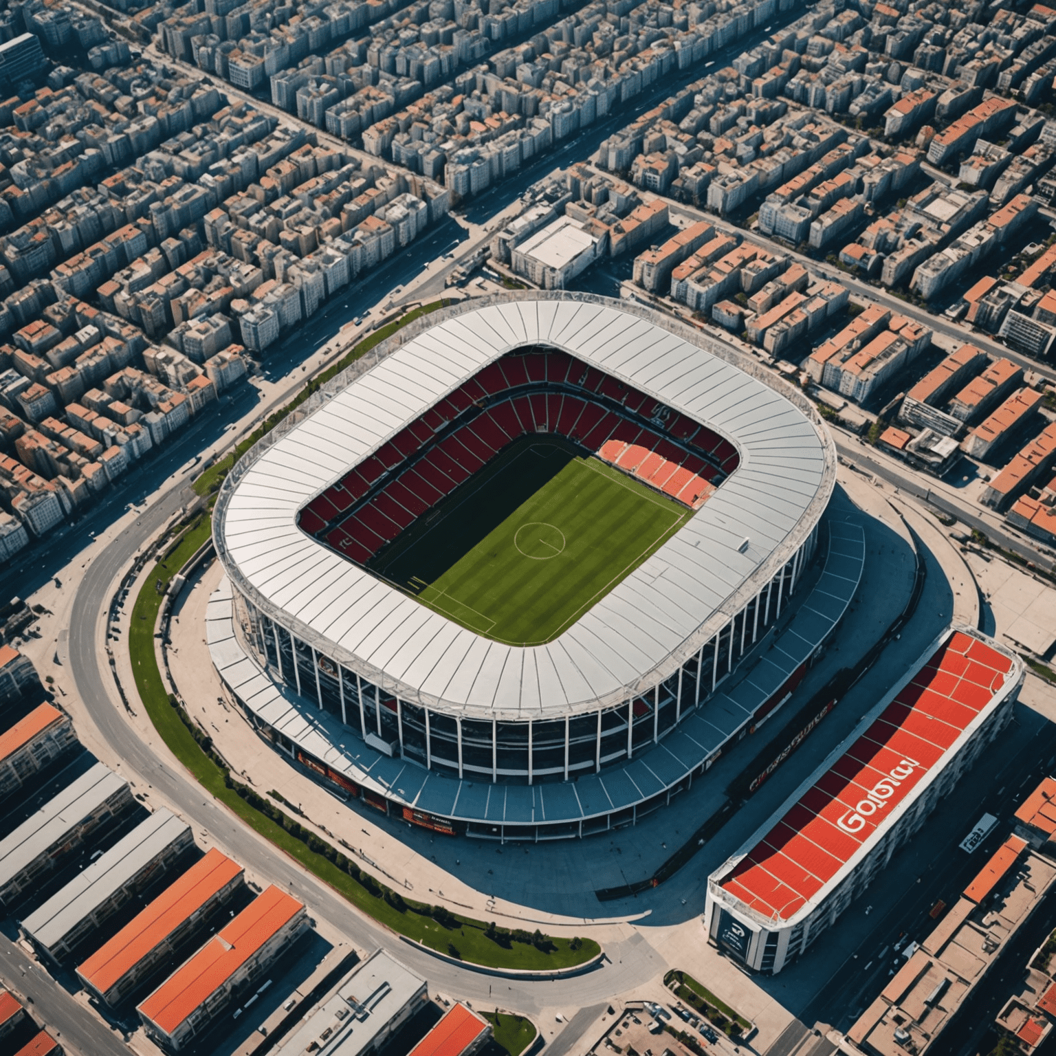 Türk Süper Lig'in ünlü bir stadyumunun havadan görüntüsü. Stadyum kalabalık ve maç öncesi heyecan görülüyor.
