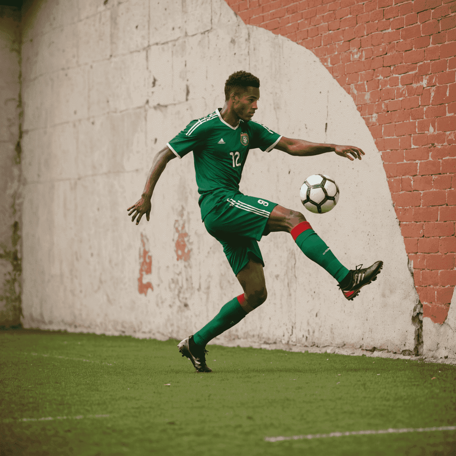 Bir futbolcu duvara pas atarken. Futbolcu yeşil forma giyiyor ve duvar kırmızı renkte. Topun duvara çarpma anı gösteriliyor.
