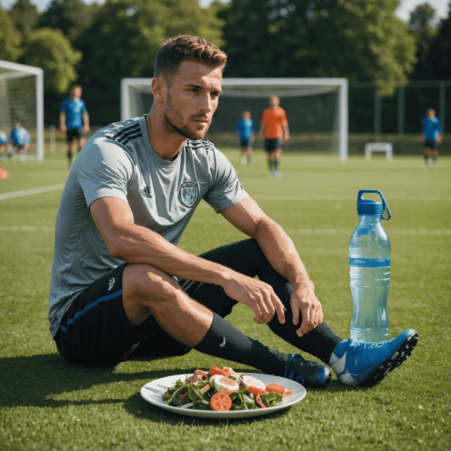 Futbolcu, sağlıklı bir tabak yemek ve su şişesi ile birlikte oturuyor. Arka planda antrenman ekipmanları görünüyor.