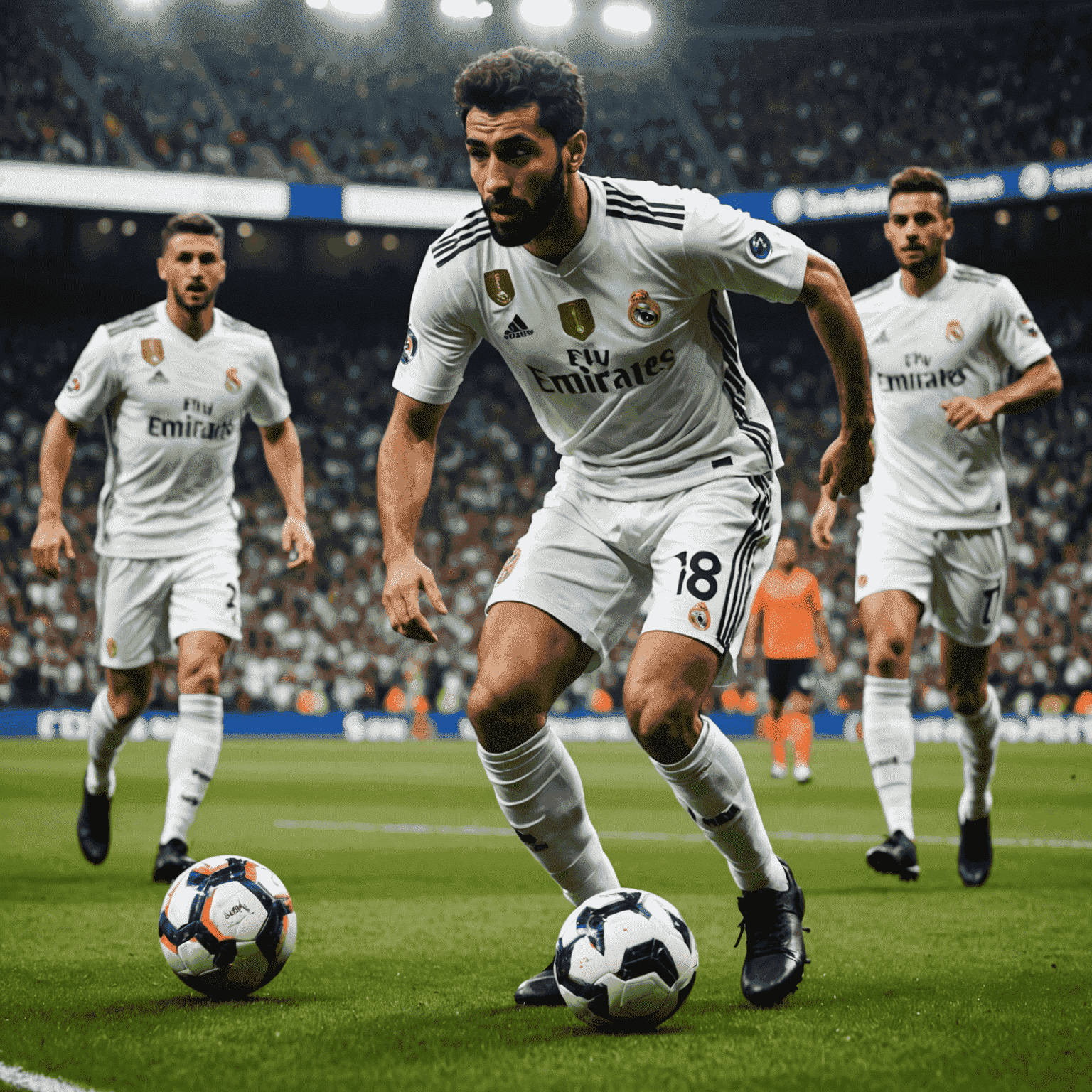 Arda Güler top sürerken, arkasında Real Madrid forması giymiş takım arkadaşları görünüyor.