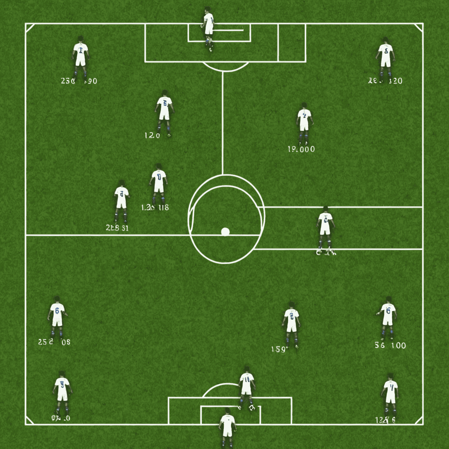 Bir futbol takımının savunma ve orta saha oyuncuları, sahada kompakt bir şekilde dizilmiş durumda. Oyuncular arasındaki mesafeler oldukça az ve birbirlerine yakın pozisyonlar almış.