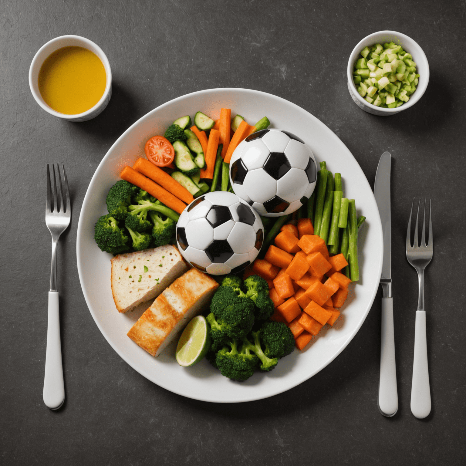 Bir futbolcunun sağlıklı yemek tabağı. Protein kaynakları, sebzeler ve karbonhidratlar dengeli bir şekilde sunulmuş.