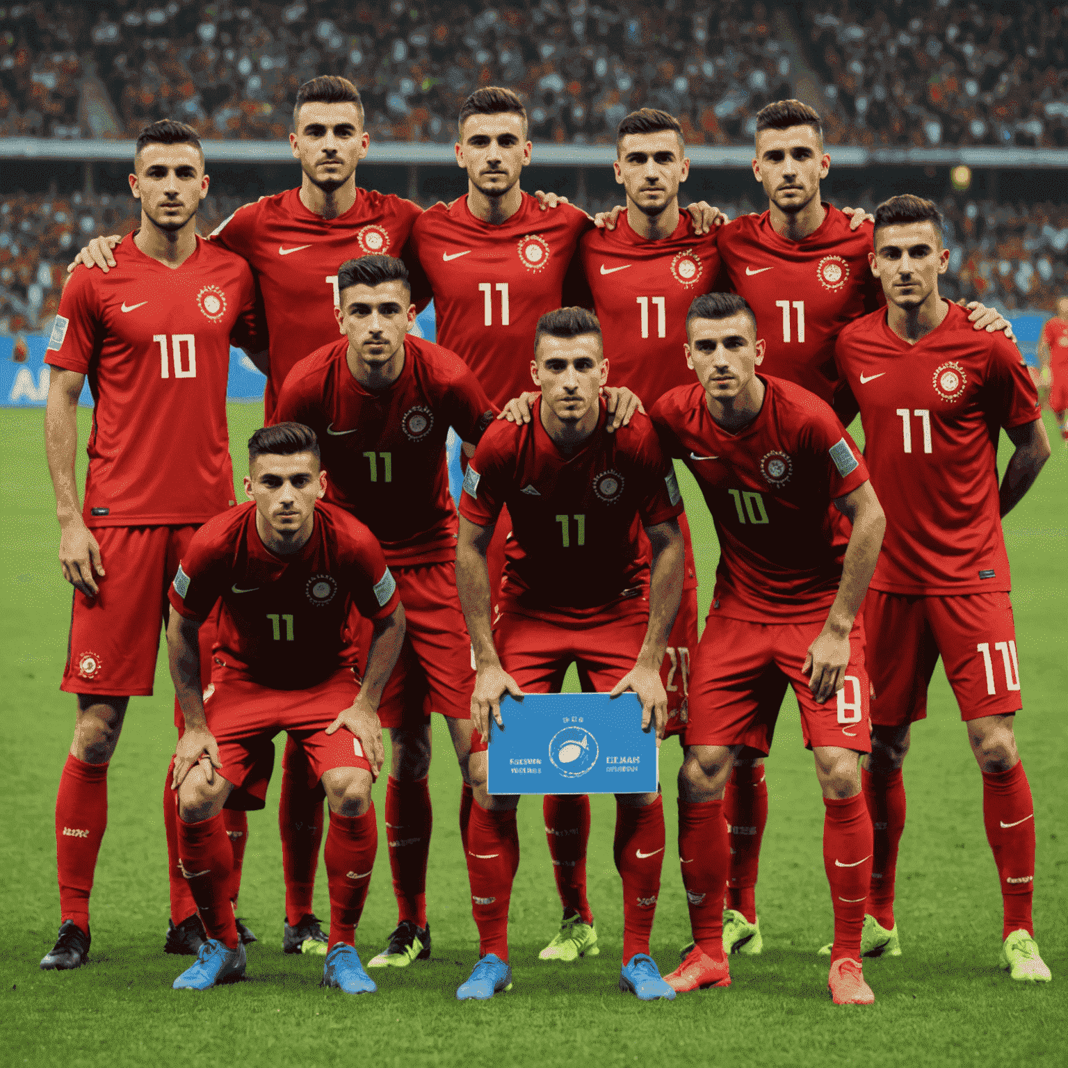Genç Türk futbolcuların bir grup fotoğrafı. Milli takım formalarıyla poz veriyorlar, yüzlerinde kararlı ifadeler var.